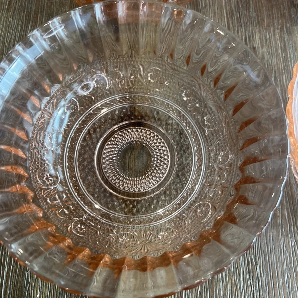 6 Vintage Pink Depression Glass Bowl Diamond Trellis & Fleur de Lis Pattern 7